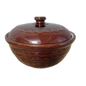 Vintage Marcrest Oven Proof Stoneware Bowl 8" with Lid Daisy Dot Brown Dutch EUC